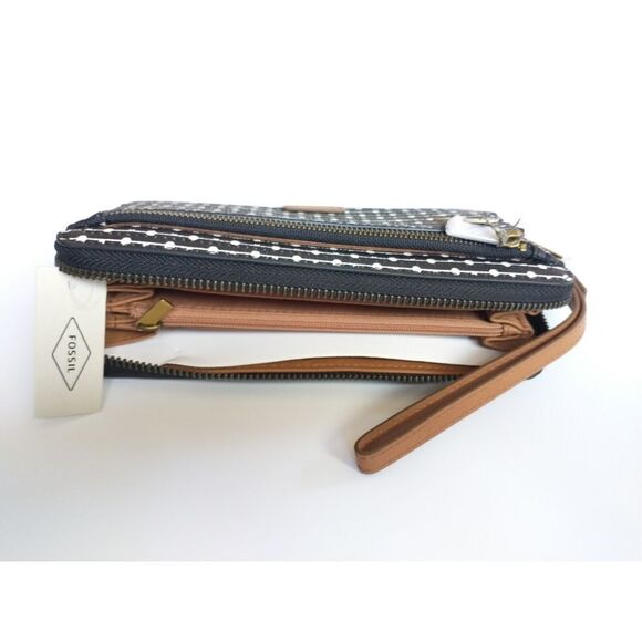 New! FOSSIL Logan RFID Wallet Zip Around Clutch Wristlet Strap Black Stripe - Picture 10 of 12